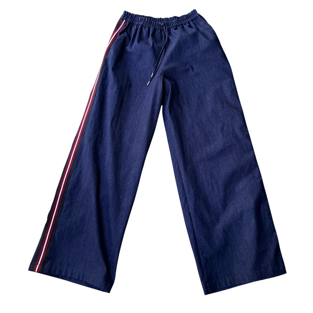 Zara Wide Leg Denim Pants Medium Blue Side Stripe Elastic Drawstring Waist